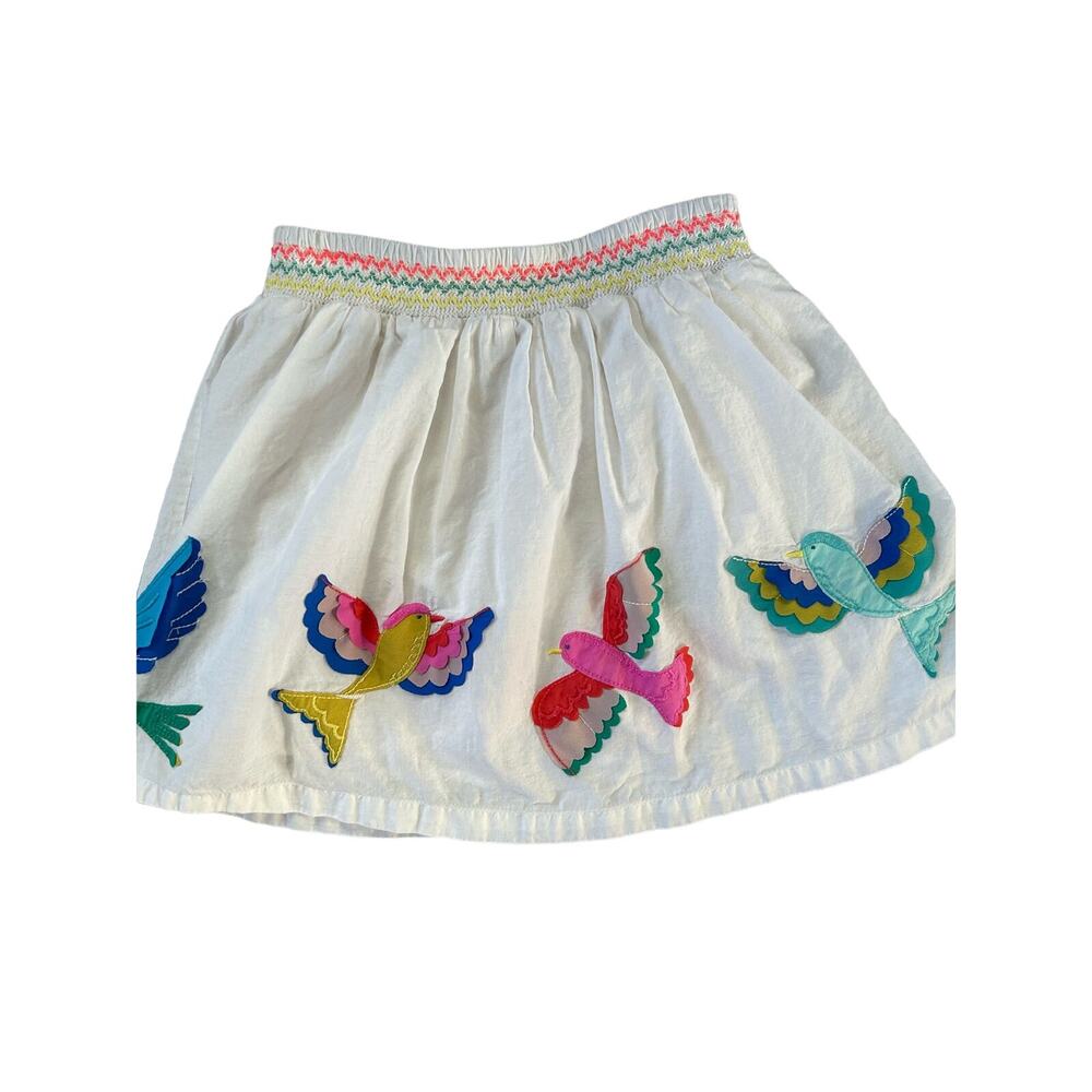 Mini Boden white tropical birds embroidered skirt 5 6 rainbow